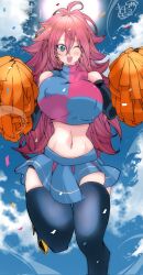 1girl 1girls android android_21 android_21_(human) arc_system_works bandai_namco belly_button big_breasts blue_eyes blush brown_hair cheerful cheerleader dragon_ball dragon_ball_fighterz earrings elbow_gloves exposed_shoulders fanart female gold_jewelry hair_between_eyes jiggling_breasts long_hair looking_at_viewer messy_hair miniskirt nipple_bulge nipples_visible_through_clothing omochi_db pom_poms thighhighs turtleneck voluptuous voluptuous_female vomi_(dragon_ball) wink winking_at_viewer