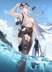 1girls air_hose air_tank alternate_costume azur_lane bare_nipples crotch_cutout eagle_union_(azur_lane) edit enterprise_(azur_lane) enterprise_(diving_under_blue_skies)_(azur_lane) erect_nipples exposed_breasts exposed_nipples exposed_pussy female female_only functionally_nude functionally_nude_female goggles goggles_on_head goggles_removed hairless_pussy human_only leg_pouch light-skinned_female light_skin looking_at_viewer mofumochii official_alternate_costume oxygen_tank pale-skinned_female pale_skin pantyhose purple_eyes ripped_clothes ripped_clothing ripped_pantyhose scuba scuba_fins scuba_gear scuba_mask scuba_tank small_pussy solo standing standing_in_water torn torn_clothes torn_clothing torn_legwear torn_pantyhose white_hair
