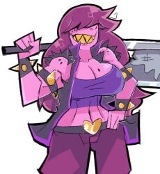 1girls 2020s 2023 anthro anthro_only axe big_breasts breasts cleavage clothing deltarune demonbloodpal eyes_covered female female_anthro female_only hair hair_over_eyes holding_axe holding_weapon long_hair muscular muscular_female pink_body pink_skin purple_body purple_hair sharp_teeth smiling solo solo_female spiked_bracelet susie_(dark_world_form) susie_(deltarune) teeth undertale_(series) weapon white_background yellow_teeth