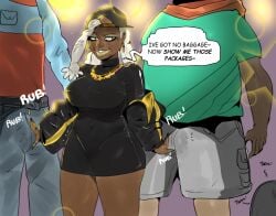 1girls 2boys clothed dark-skinned_female dark_skin english english_text female female_focus gilf grey_hair kafka_art male mature mature_female multiple_boys mysterkafka pokemon pokemon_sv ryme_(pokemon) speech_bubble yellow_lipstick