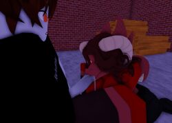 1boy 1girls 3d blowjob brown_hair crocodile cum_drip cum_in_mouth female green_skin male red_body red_hair roblox robloxian self_upload srnubo srnubot71 sucking_penis tagme