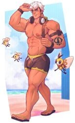 abs arm_tattoo backpack bara_tiddies bara_tits beach big_pecs bulge cutiefly ear_piercing flaccid gay guzma_(pokemon) headphones headphones_around_neck male male_nipples male_only muscular_arms muscular_calves muscular_legs muscular_male muscular_thighs pecs pokemon pokemon_masters_ex pokemon_sm pokemon_usm ribombee sandals shoreline solo sunglasses sunglasses_on_head swim_trunks swimwear tattoo team_skull walking white_hair wolf_con_f