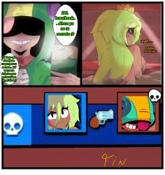 1boy 1girls angry angry_face ass big_ass brawl_stars breasts candy chameleon chocolate chocolate_on_body chocolate_on_breasts comic comic_page comic_panel death huesosdry killing leon_(brawl_stars) looking_at_partner mandy_(brawl_stars) no_sex nude nude_female phone spanish_text talking