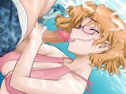 blonde_hair breasts censored cleavage color cum ejaculation fellatio female game_cg glasses hair handjob human kiriyama_taichi male manami_(sweet_home) megane mizugi mosaic_censoring oppai oral penis pubic_hair public sideboob straight sweet_home swimsuit tekoki testicles tongue underwater