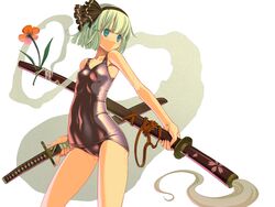 blue_eyes cameltoe flower ghost hairband high_res highres hitodama katana mizugi myon one-piece_swimsuit ribbon sakuya_tsuitachi school_swimsuit sheath sheathed shiny shiny_clothes short_hair silver_hair solo sukumizu swimsuit sword touhou tsuitachi_sakuya wallpaper weapon wet youmu_konpaku youmu_konpaku_(ghost)