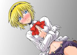 blonde_hair blue_eyes blush breasts cleavage gloves hairband midriff navel open_clothes open_shirt oppai persona persona_3 ribbon school_uniform segami_daisuke shirt short_hair skirt