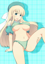 aqua_eyes bare_shoulders blonde_hair blush breasts cute detached_collar female frilled_panties frills green_panties leg_up long_hair makumaxu navel open_mouth panties senran_kagura solo tubetop underboob underwear yomi_(senran_kagura)