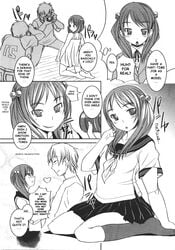 camera doujinshi hard_translated high_res highres monochrome renkyuu_no_kanojotachi school_uniform text tied_hair translated twintails