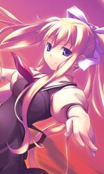 air_(anime) blonde_hair blue_eyes kamio_misuzu lowres nanakusa ponytail school_uniform sunset tied_hair