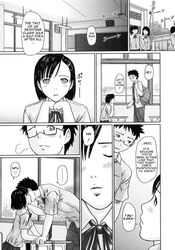 comic english_text highres kisaragi_gunma kissing manga monochrome right_to_left school_uniform translated