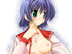 blue_hair blush breasts clothing green_eyes nipples open_clothes open_shirt oppai photoshop school_uniform shirt small_breasts to_heart_(series) to_heart_2 tonami_yuma