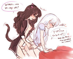 2girls animal_ears black_hair blake_belladonna blush cat_ears cum faunus female futa_on_female futanari intersex long_hair nightgown pajamas queenfuta rwby sex sweat tail text the_party_tit weiss_schnee white_hair yellow_eyes