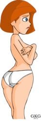 ann_possible ass back_view blue_eyes breasts color covering covering_breasts curvy disney embarrassed female female_only gkg hips human kim_possible lips medium_breasts milf panties red_hair short_hair sideboob solo straight_hair thick_lips thighs topless white_panties