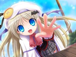 anime_nose blonde_hair blue_eyes blush buttons cape cute_fang hat huge_eyes large_buttons little_busters! long_hair noumi_kudryavka plaid_skirt reaching ribbon school_uniform silver_hair skirt smile tartan