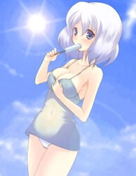 1girls blue_eyes breasts cleavage female letty_whiterock nigo_(aozoragarou) nigou_(aozoragarou) oppai panchira panties pantyshot popsicle solo touhou underwear white_hair