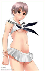 ambiguous_gender belly brown_eyes gray_hair mimura_kaoru navel school_uniform seifuku serafuku shitapai short_hair short_skirt skirt small_breasts standing underboob undersized_clothes very_short_hair white_skirt