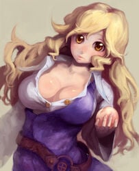 1girls binayu blonde_hair breasts cleavage dutch_angle female food fruit huge_breasts long_hair open_clothes open_shirt peach_(fruit) shirt solo touhou unbuttoned watatsuki_no_toyohime