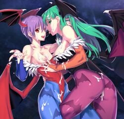 2demons 2girls ass bare_shoulders bat_print blue_legwear blush breasts bridal_gauntlets clothing cum cum_on_body cum_on_lower_body cum_on_upper_body darkstalkers demon_girl demon_wings facial female flat_chest flat_chest_grab green_eyes green_hair hair_tussle head_wings incest kawakami_rokkaku large_breasts leotard_pull licking_lips lilith_aensland long_hair morrigan_aensland multiple_girls nipples pantyhose partially_visible_vulva print_legwear purple_hair purple_legwear red_eyes saliva saliva_trail short_hair siblings sisters small_breasts succubi succubus thong tongue tongue_out wings yuri