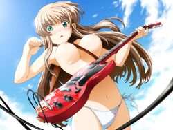 1girls between_breasts bikini bikini_bottom_only blush breasts brown_hair cg day eroge female female_only game_cg green_eyes guitar instrument kashiwara_sarina katakura_shinji kira_kira large_breasts long_hair nipples overdrive side-tie_bikini_bottom solo strap_between_breasts swimsuit topless white_bikini