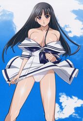 bare_shoulders black_hair blue_eyes cloud high_res highres kuroda_kazuya long_hair mizushima_asa panties sailor_dress school_uniform sora_no_iro_mizu_no_iro underwear undressing wind_lift