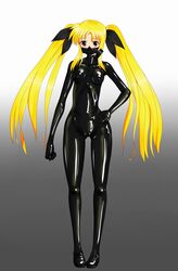 blonde_hair bodysuit cameltoe fate_testarossa gas_mask highres hydrangia latex lyrical_nanoha mahou_shoujo_lyrical_nanoha mask red_eyes ribbon shiny skin_tight