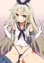 1girls 9law after_sex after_vaginal anchor black_panties blonde_hair blue_skirt blush censored cheeky clothing cum cum_in_pussy cum_inside cumdrip cute double_v elbow_gloves female gloves green_eyes hair_ornament hairband high_waisted_thong kantai_collection long_hair looking_at_viewer navel panties panties_aside personification pussy shimakaze_(kantai_collection) skirt smaller_female smile solo spread_legs underwear v white_gloves young