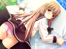 brown_hair game_cg hanyuu_ayuka high_res highres kunai_uri laundry nakadashi_oyako panchira panties pantyshot pink_panties polka_dot polka_dot_panties red_eyes ribbon school_uniform skirt smile thighhighs underwear wind_lift