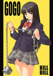 black_hair gogo_yubari kill_bill long_hair lowres meteor_hammer panties pantyshot school_uniform skirt smile takurou_(mix_fry) tnagai underwear