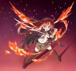 fire katana long_hair nyaou red_eyes red_hair school_uniform shakugan_no_shana shana sword thighhighs weapon wings zettai_ryouiki