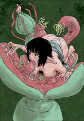 black_eyes black_hair breast_sucking clothing double_breast_sucking elf fellatio hair impregnation milking_tentacles nipples oral panties plant_vore pointy_ears rape restrained short_hair slime tears tentacle tentacle_sucking_breasts venus_trap vore