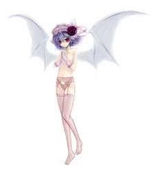 1girls blue_hair female flat_chest garter_belt gloves kuroi lingerie panties red_eyes remilia_scarlet short_hair solo thighhighs touhou underwear wings