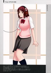 headphones highres jvc k2 kneehighs original red_eyes red_hair ribbon school_uniform short_hair solo sweater_vest