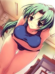 07th_expansion 1girls female female_only green_eyes green_hair higurashi_no_naku_koro_ni long_hair mion_sonozaki mizugi one-piece_swimsuit ponytail school_swimsuit solo sukumizu swimsuit tied_hair tomose_shunsaku