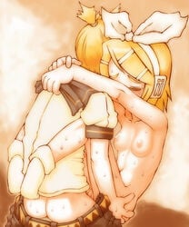 ass belt blonde_hair brother_and_sister carrying closed_eyes headphones incest kagamine_len kagamine_rin kakkou_(su) nude pants_down ribbon sex short_hair siblings small_breasts sweat twincest twins vocaloid