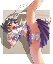 bandana blush breasts brown_eyes brown_hair buruma capcom fingerless_gloves gloves headband high_kick katahira_masashi kick kicking knees legs midriff miniskirt navel neckerchief necktie oppai panchira panties pantyhose pantyshot sailor_crest sakura_kasugano school_uniform serafuku shirt short_hair skirt street_fighter street_fighter_alpha street_fighter_alpha_2 tights underwear white_panties