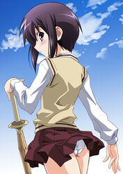 bamboo_blade black_hair blush cloud from_behind izumi_mahiru kawazoe_tamaki looking_back outdoors panties pantyshot pleated_skirt profile purple_eyes school_uniform shinai short_hair skirt skirt_lift sky solo sword underwear weapon white_panties