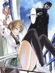 breasts brown_hair clenched_teeth doujinshi highschool_of_the_dead inazuma legs long_legs manga rei_miyamoto satou_shouji school_uniform shoes skirt sneakers tears thighhighs thighs wince