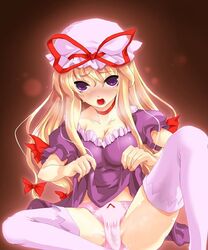 blonde_hair blush dress dress_lift hat long_hair open_mouth panties purple_eyes solo spread_legs thighhighs tirumu touhou underwear yukari_yakumo