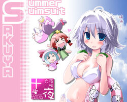 bikini blush braid breasts chibi cleavage hong_meiling innertube ishikiri mizugi patchouli_knowledge remilia_scarlet ribbon sakuya_izayoi side-tie_bikini silver_hair sweatdrop swimsuit touhou twin_braids