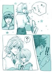 !! ? clothes clothing comic hat kaworu_nagisa lrk monochrome neon_genesis_evangelion open_mouth rei_ayanami school_uniform surprised translation_request