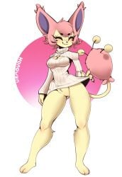 anthro blush bottomless bottomless_anthro bottomless_female breasts closed_eyes clothed clothing female front_view generation_3_pokemon genitals hi_res honowyn nintendo pink_body pokemon pokemon_(species) pokemorph pussy skitty smile solo yellow_body