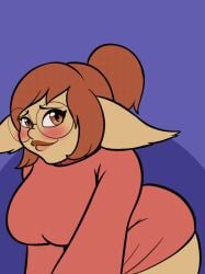 animated anthro big_breasts blen_bodega blep breasts clothed clothing clothing_lift colette_the_yordle eyewear female genitals glasses league_of_legends nipples oc one_eye_closed pussy regret_everything riot_games tongue tongue_out wink yordle