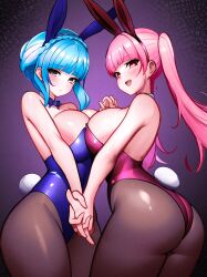 2girls alternate_costume animal_ears arched_back ass back backless_outfit bangs bare_back bare_shoulders blue_bow blue_bowtie blue_hair blue_hairband blue_leotard blunt_bangs blush bow bowtie braid breast_press breasts brown_eyes bunny_ears bunny_girl bunny_tail bunnysuit cleavage collarbone commentary cowboy_shot detached_collar english_commentary eyelashes fake_animal_ears fake_tail female female_only fire_emblem fire_emblem:_three_houses fishnet_pantyhose fishnets fully_clothed grey_eyes hairband highres hilda_valentine_goneril holding_hands jaxartdump jaxdrawz large_ass large_breasts leotard long_hair looking_at_viewer looking_back marianne_von_edmund multiple_girls nintendo open_mouth pantyhose pink_eyes pink_hair pink_leotard playboy_bunny purple_background rabbit_ears rabbit_tail red_hairband revealing_clothes shiny_clothes shiny_skin short_hair shoulders sidelocks strapless strapless_leotard symmetrical_docking tail teeth thighs tight_clothing twintails upper_teeth_only