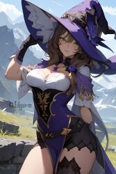 ai_generated brown_hair genshin_impact green_eyes idgaroo lisa_(genshin_impact) mountain posing purple_clothing purple_gloves purple_hat stable_diffusion tagme