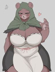 1girls 2023 anthro bear bear_ears big_breasts blush brown_fur female female_only fur furry grey_background heart hood looking_at_viewer mama_mellow_(anotherbearsimp) mature mature_female narrowed_eyes pawpads smiling smiling_at_viewer solo thick_thighs ursid ursine voluptuous wide_hips xdhisato yellow_eyes