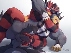 bara drool drooling feet_on_penis footjob gay gay_male headlock incineroar leaking_precum male/male male_only pawjob pawpads pokemon pokemon_(species) toe_claws urshifu wrestling