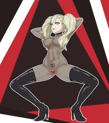 ann_takamaki arms_behind_head black_boots blonde_hair blue_eyes boots bowlegged female fishnet_bodysuit fishnets high_heel_boots high_heels large_breasts lips nipples pasties persona persona_5 pubic_tattoo quarter_(artist) spread_legs squatting thick_thighs thigh_boots toned_female twintails wide_hips