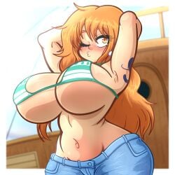 2023 armpits big_breasts bikini bikini_top blush breasts cleavage female female_focus female_only jeans long_hair nami nami_(one_piece) o3o one_eye_closed one_piece orange_eyes orange_hair pholycarpie post-timeskip red_hair striped_bikini wide_hips winking winking_at_viewer