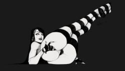 ass black_and_white black_hair bracelet bubble_butt busty devil_hs earrings eyeshadow_female female_focus female_only fingerless_gloves goth goth_girl hourglass_figure labia lipstick long_hair makeup nail_polish pinup_pose presenting_ass solo striped_legwear stripes_(devil_hs) thong wallpaper wide_hips