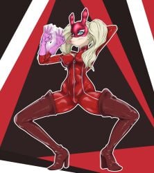 ann_takamaki arms_behind_head boots bowlegged clothing elbow_gloves fellatio_gesture female gloves high_heel_boots high_heels huge_ass huge_breasts human latex latex_catsuit latex_gloves lips pale_skin persona persona_5 phantom_thief_suit quarter_(artist) red_boots spread_legs squatting thick_thighs thigh_boots wide_hips